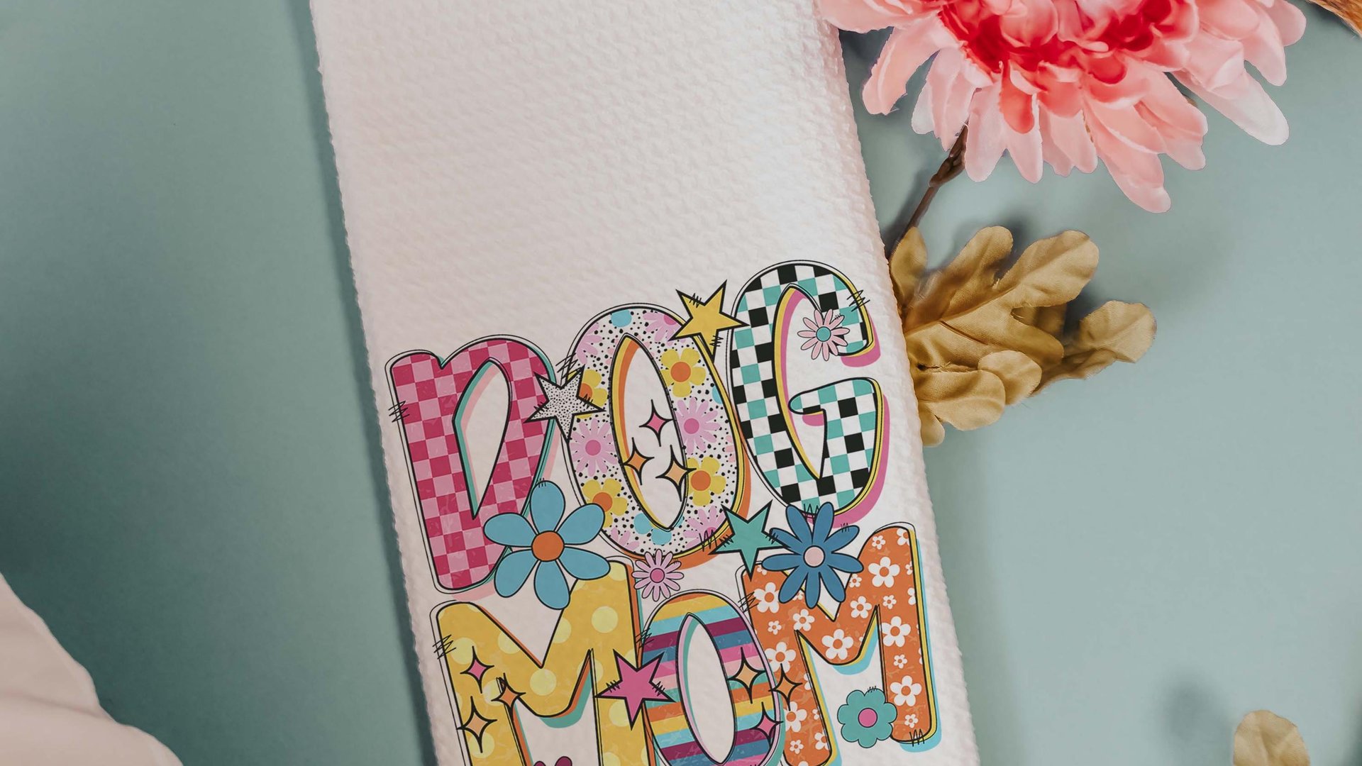 rainbow dog mom throw pillows for couch bright checkered dog kitchen towel for Mom, dog mama gifts, whimsical dog lover home decorations