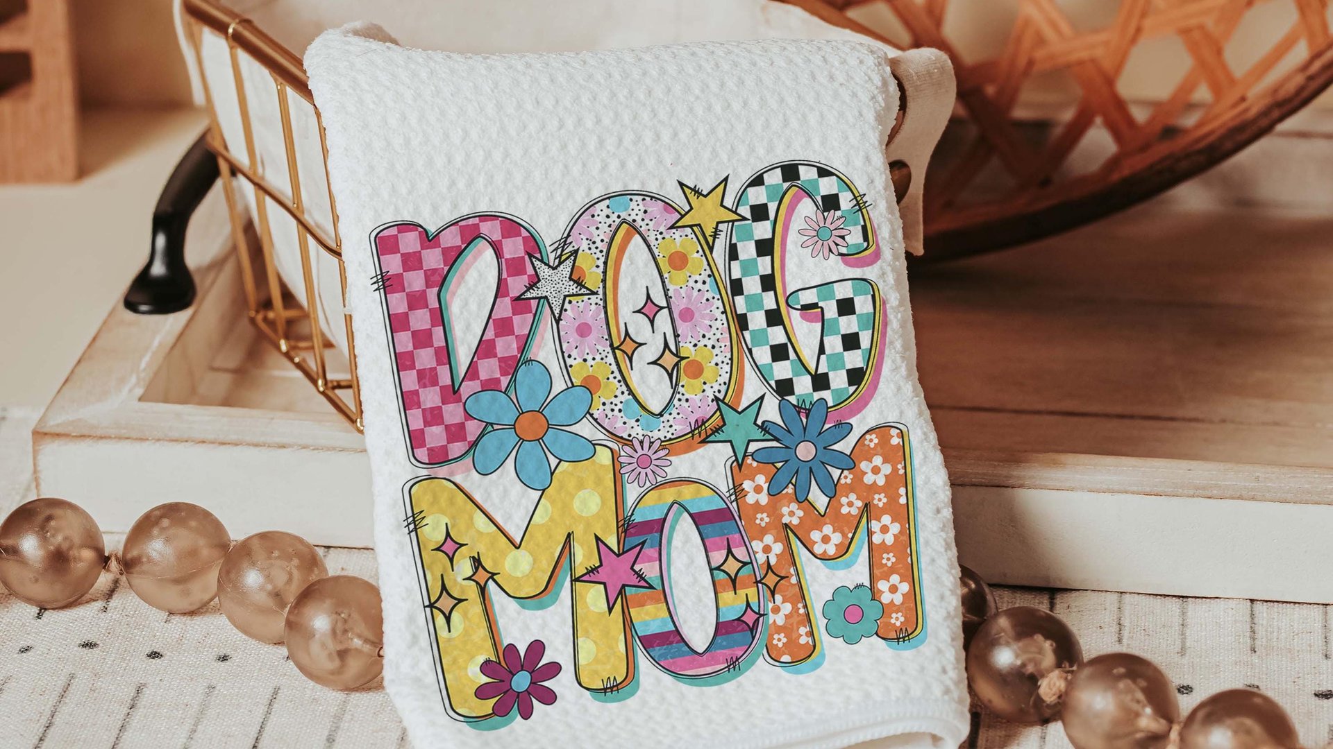 rainbow dog mom throw pillows for couch bright checkered dog kitchen towel for Mom, dog mama gifts, whimsical dog lover home decorations