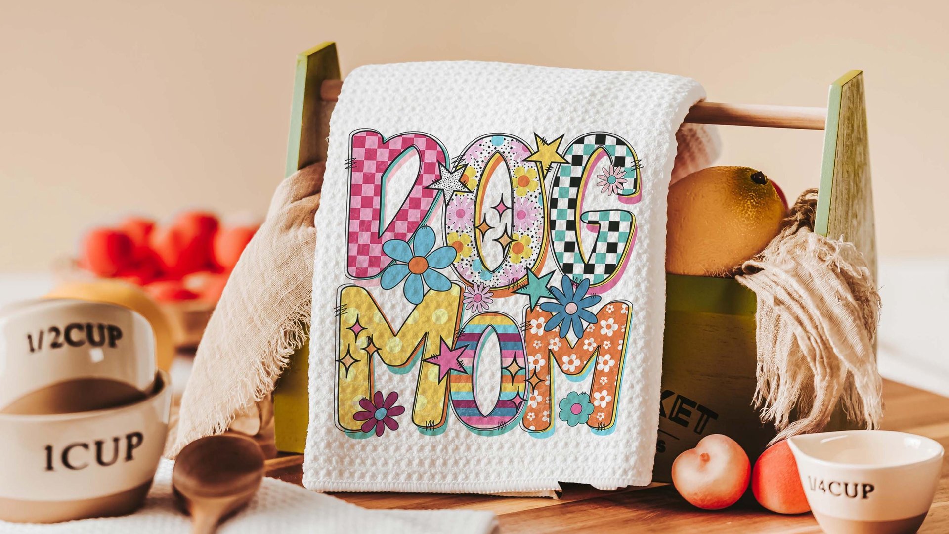 rainbow dog mom throw pillows for couch bright checkered dog kitchen towel for Mom, dog mama gifts, whimsical dog lover home decorations