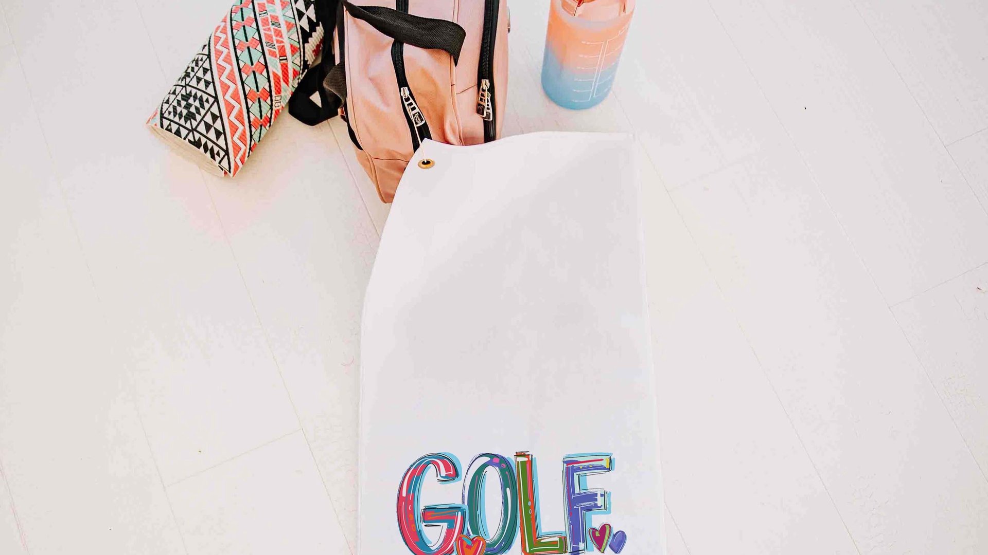 girly golf towel with grommet, colorful golf ball towel, cheery words cute golf bag accessories, lady golf gifts for her, golfer gifts for