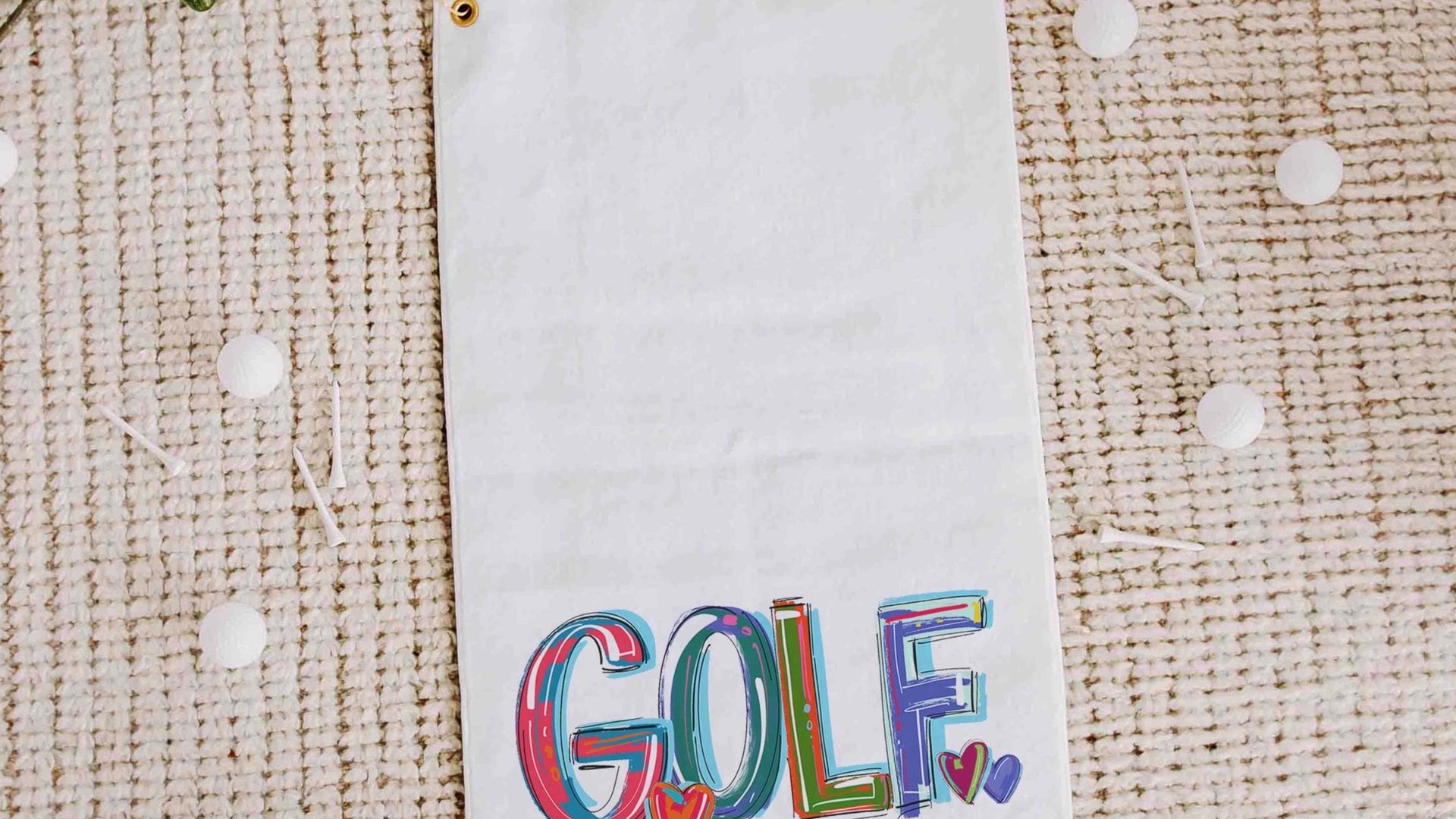 girly golf towel with grommet, colorful golf ball towel, cheery words cute golf bag accessories, lady golf gifts for her, golfer gifts for