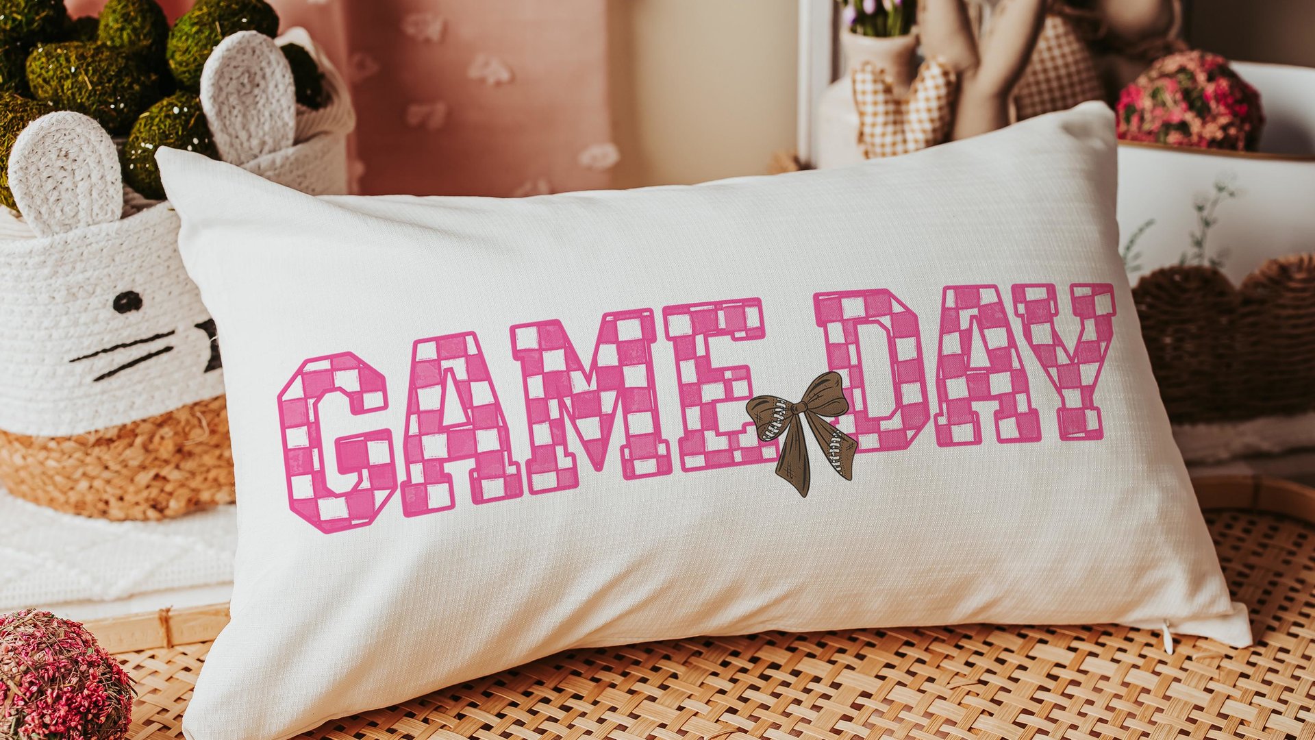 Game day girly football throw pillow for bed cute football gifts for girls, football coquette room decor for teens, football mom