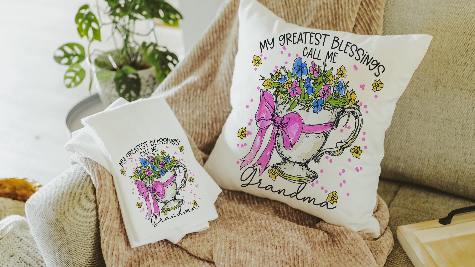 personalized my greatest blessings call me Mamaw pillows for bed, Mamaw gifts from grandchildren, floral kitchen towels, Mamaw to be gifts