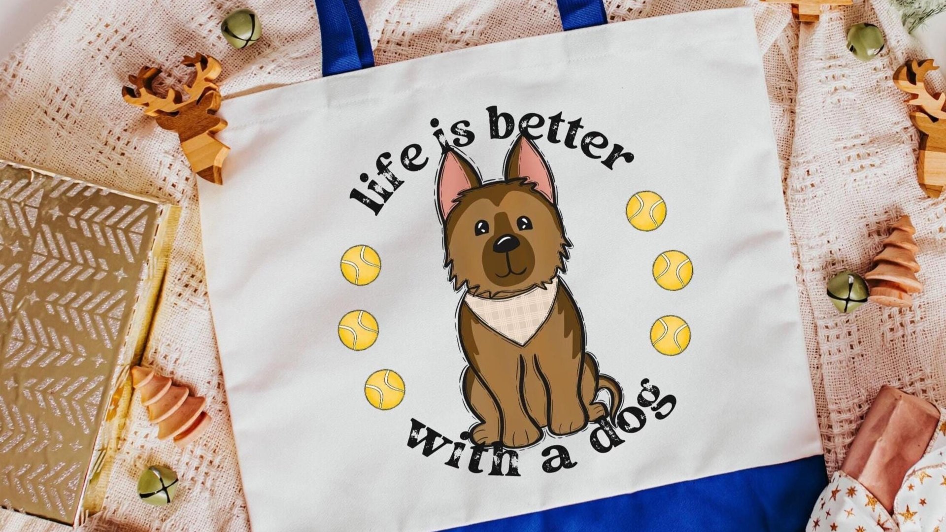 life is better with a dog German Shepherd tote bag for dog lovers, German Shepherd gifts for her, cute tote bag for women, GSD mama dog mom