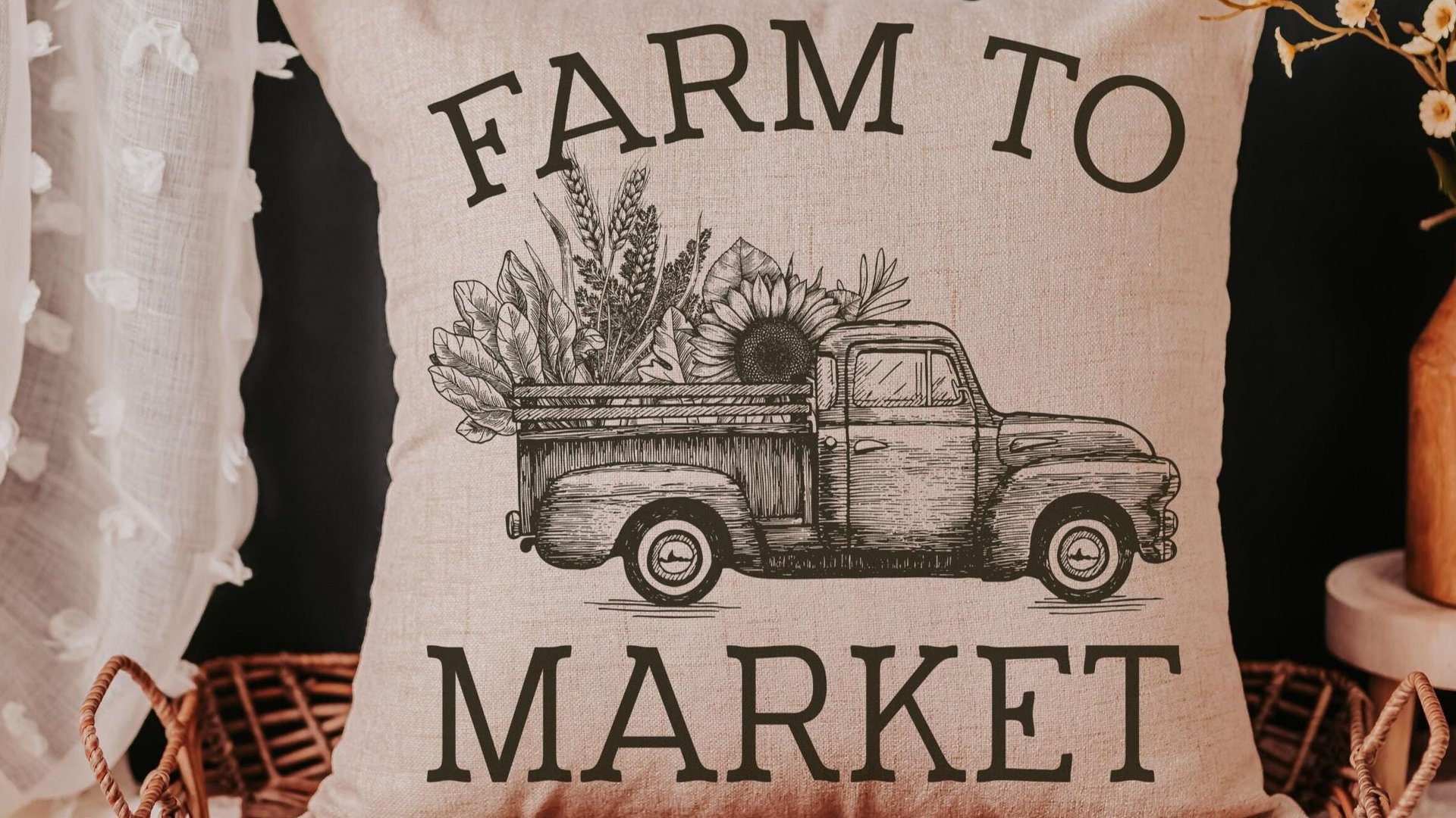 black and white farmhouse pillows for couch, shop local farm to table rustic throw pillows for sofa, sunflower gifts for mom, guest bedroom