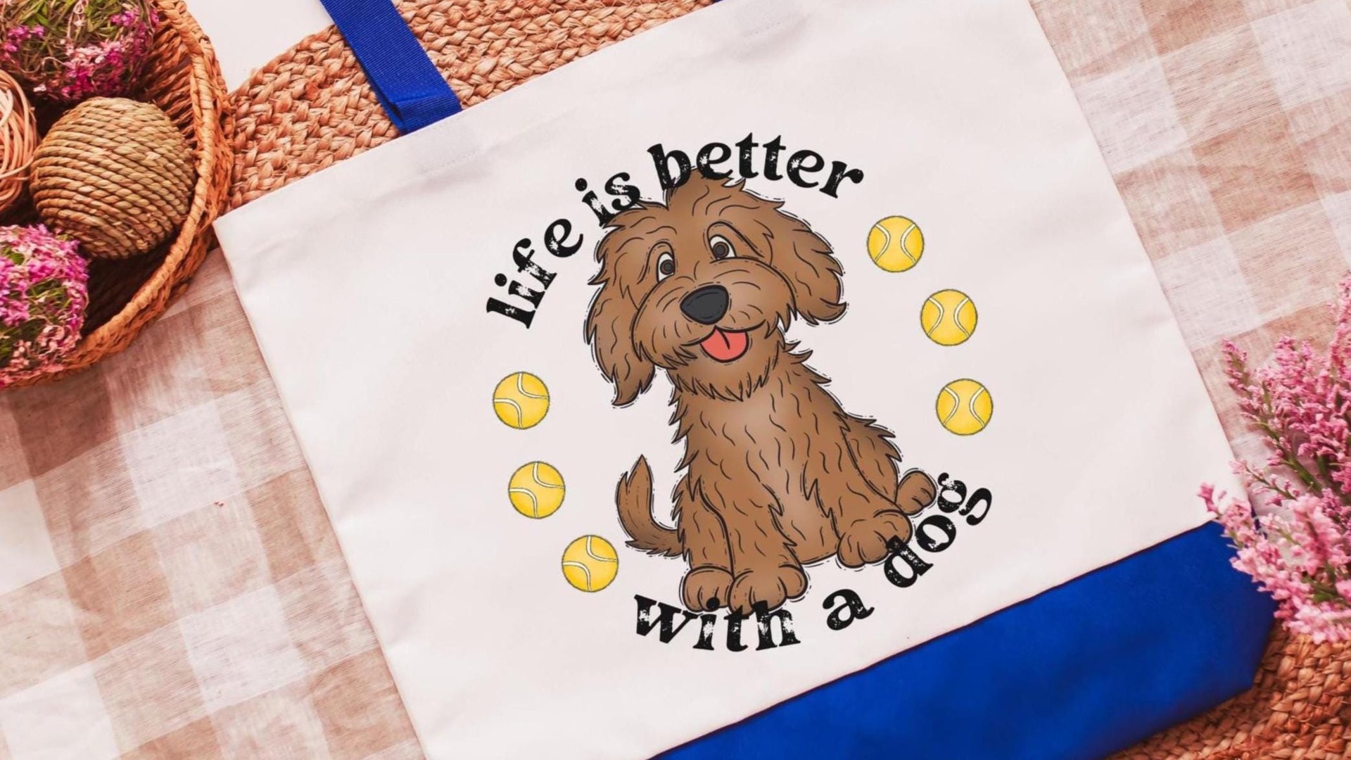 Life is better with a dog labradoodle tote bag