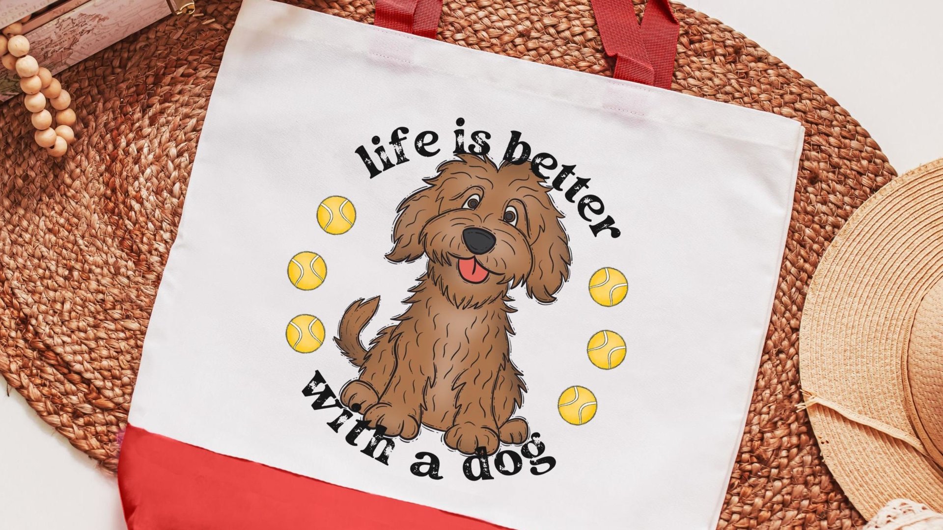 life is better with a dog labradoodle tote bag for dog lovers, doodle mom gifts, dog mom accessories, dog walking bag, labradoodle gifts