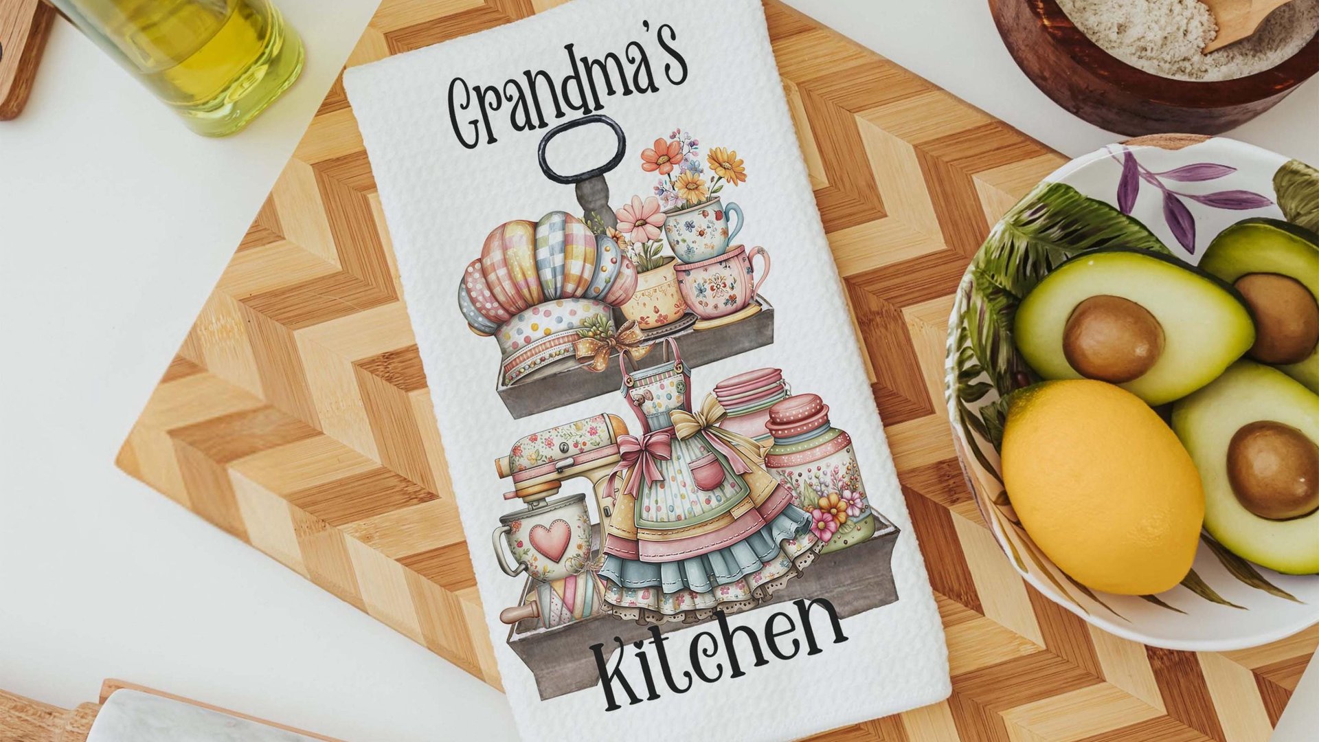 Grandma's kitchen, kitchen towel for grandma, vintage inspired kitchen decor, baker gifts for her, cooking with love kitchen hand towel for