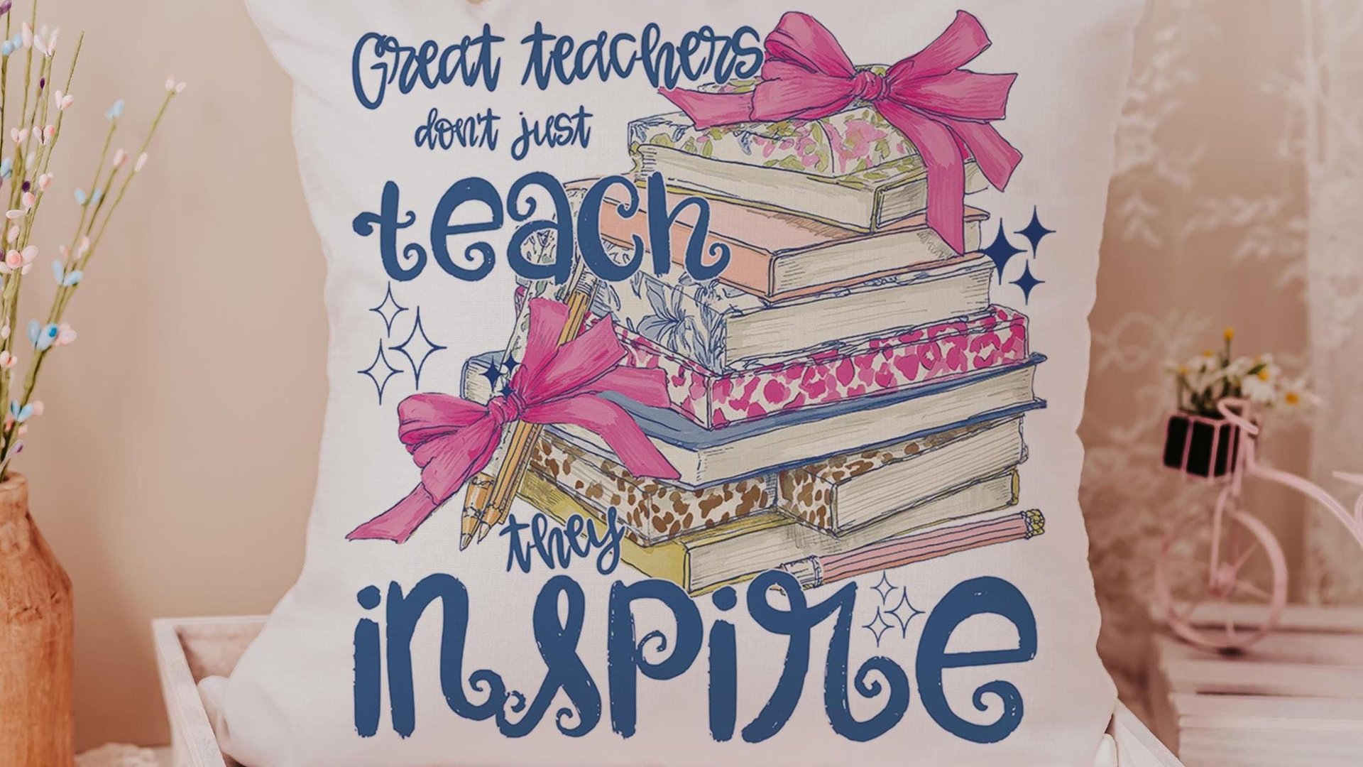 Great teachers don't just teach they inspire pillow for chair, cute teacher appreciation gifts for preschool teachers, kindergarten teacher
