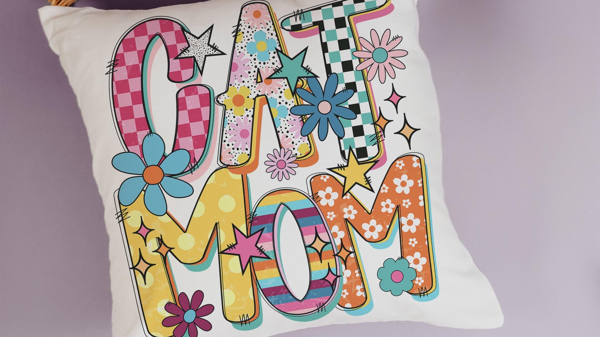 Rainbow cat throw pillows for couch for cat lovers Mothers day gift for cat mom, cat mama gifts, bright checkered cat kitchen towel for Mom