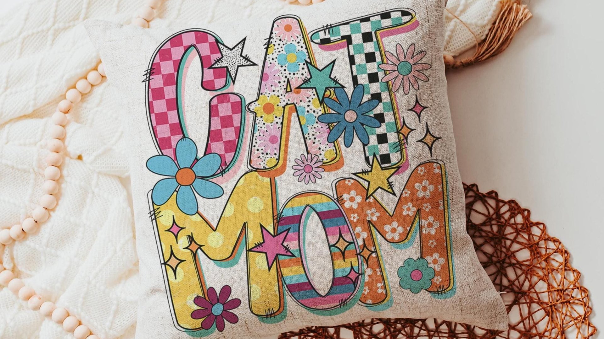 Rainbow cat throw pillows for couch for cat lovers Mothers day gift for cat mom, cat mama gifts, bright checkered cat kitchen towel for Mom