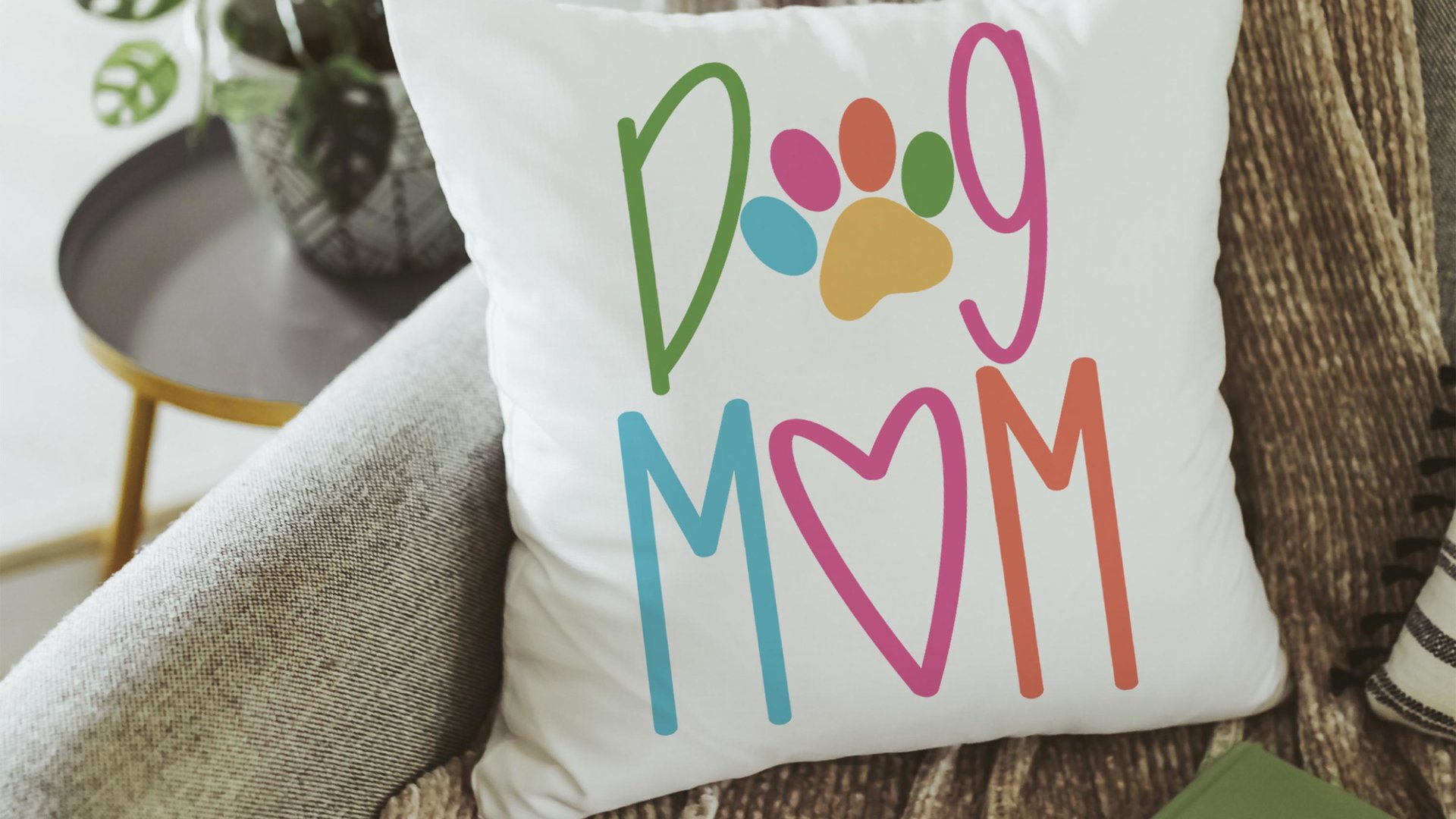 Dog mom throw pillow for chair, cute Mothers day gift for dog and dog lovers, dog lover throw pillow 18x18, colorful dog decor for kitchen