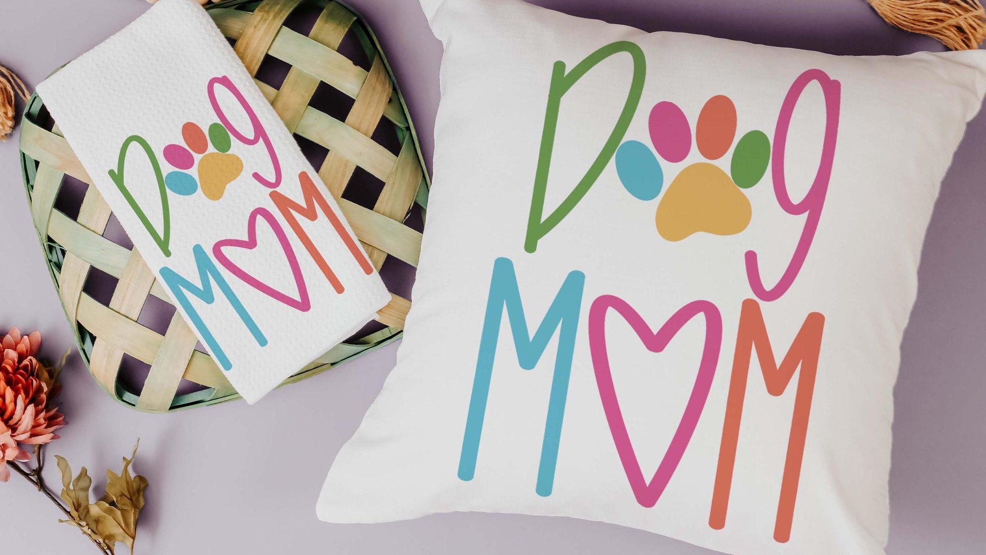 Dog mom throw pillow for chair, cute Mothers day gift for dog and dog lovers, dog lover throw pillow 18x18, colorful dog decor for kitchen