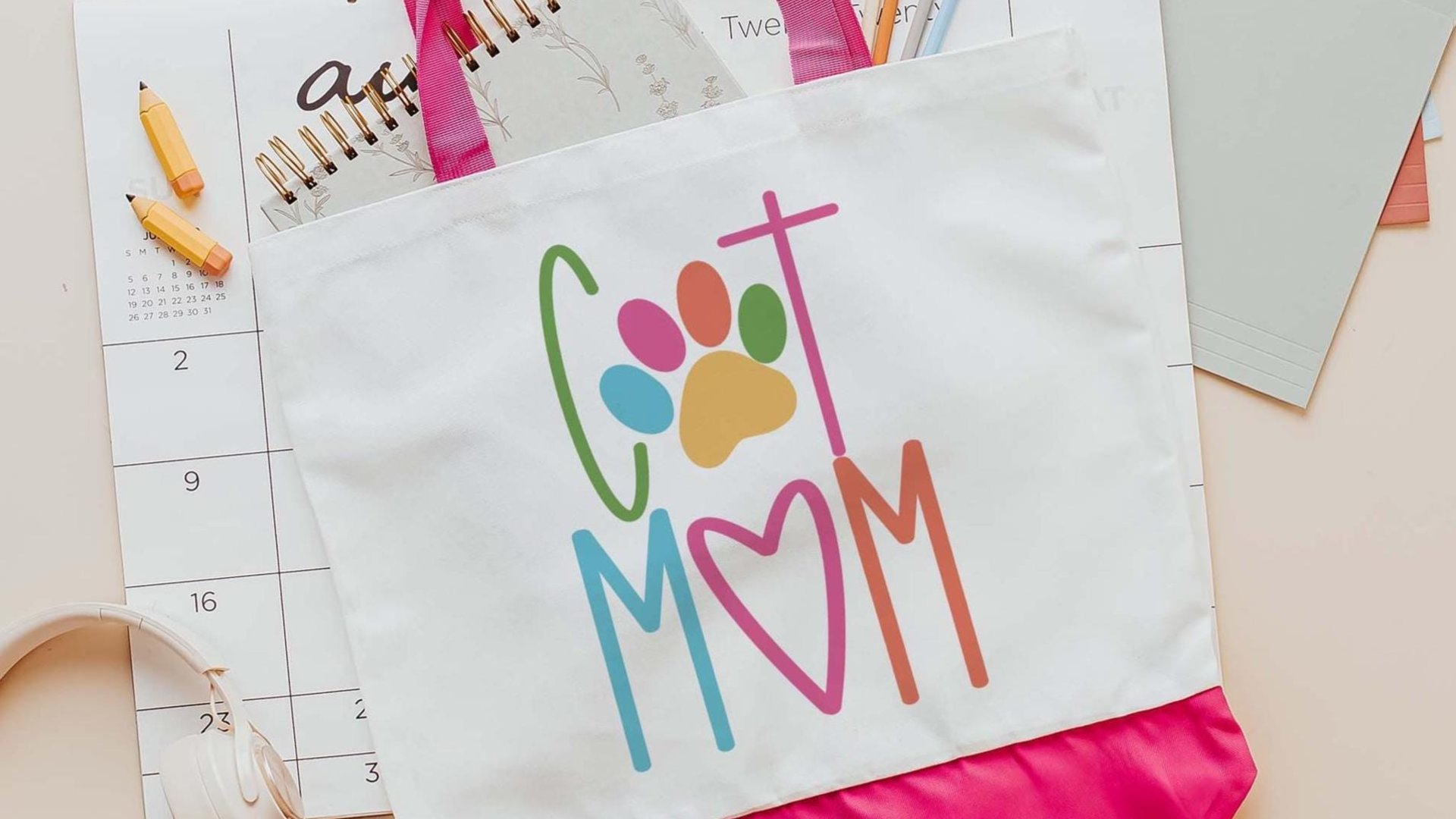 cat mom tote for her, cute cat gifts for women, colorful cat paw print tote bag for cat lover, popular now cat mama gifts, cat beach bag