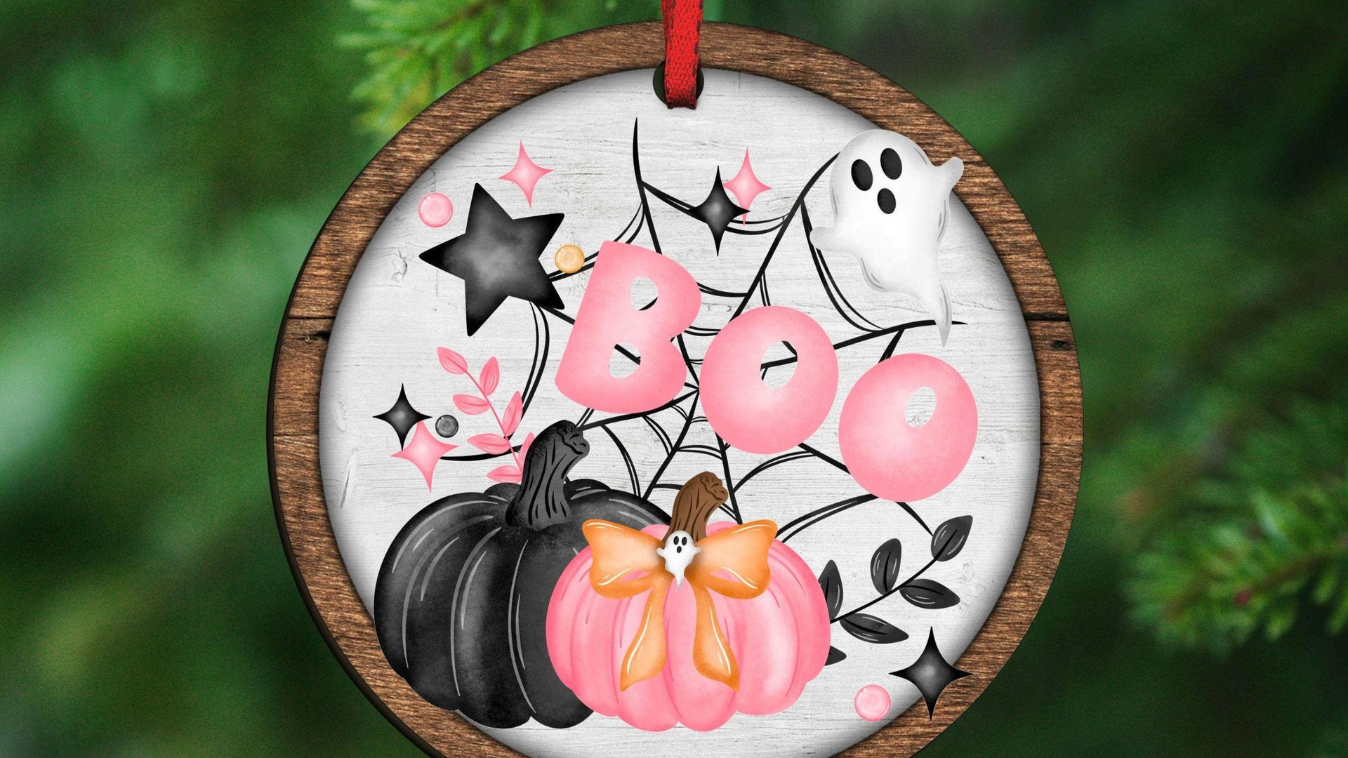 girly goth coquette Halloween tree ornament handmade, boo basket tag ghost ornament wood, cute Halloween gifts for adults, pink pumpkin door