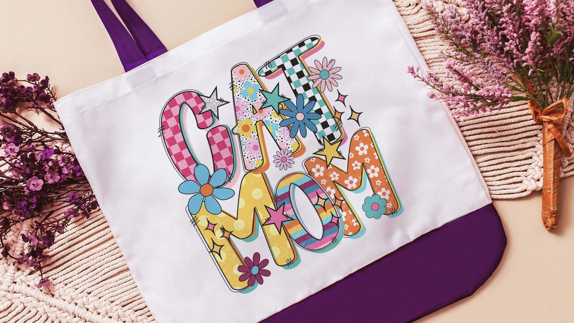 Cat mom rainbow cat tote bag for women, best gifts for cat lovers, cat mom bag, unique cat mom gifts, colorful rainbow cat gift