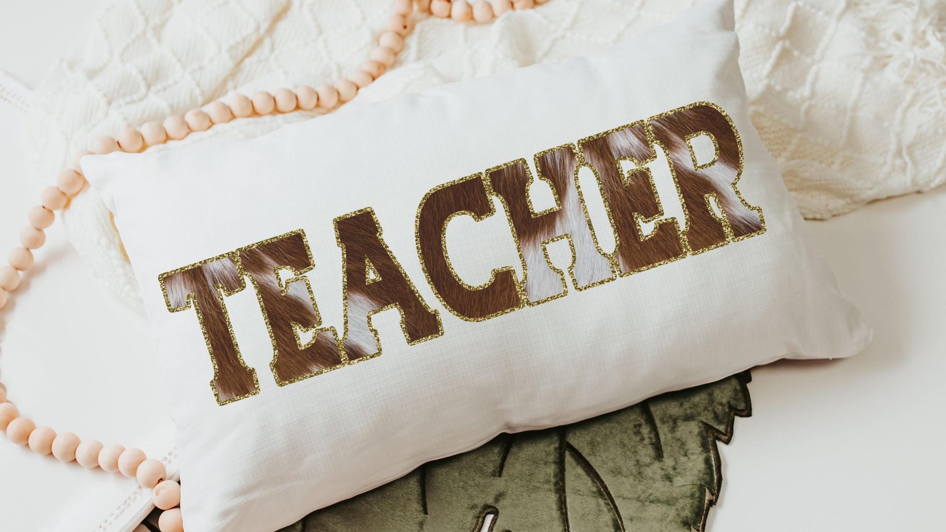 teacher cow print lumbar throw pillow for chair, cowboy classroom decor, western cowhide throw pillow, back to school gifts for teachers