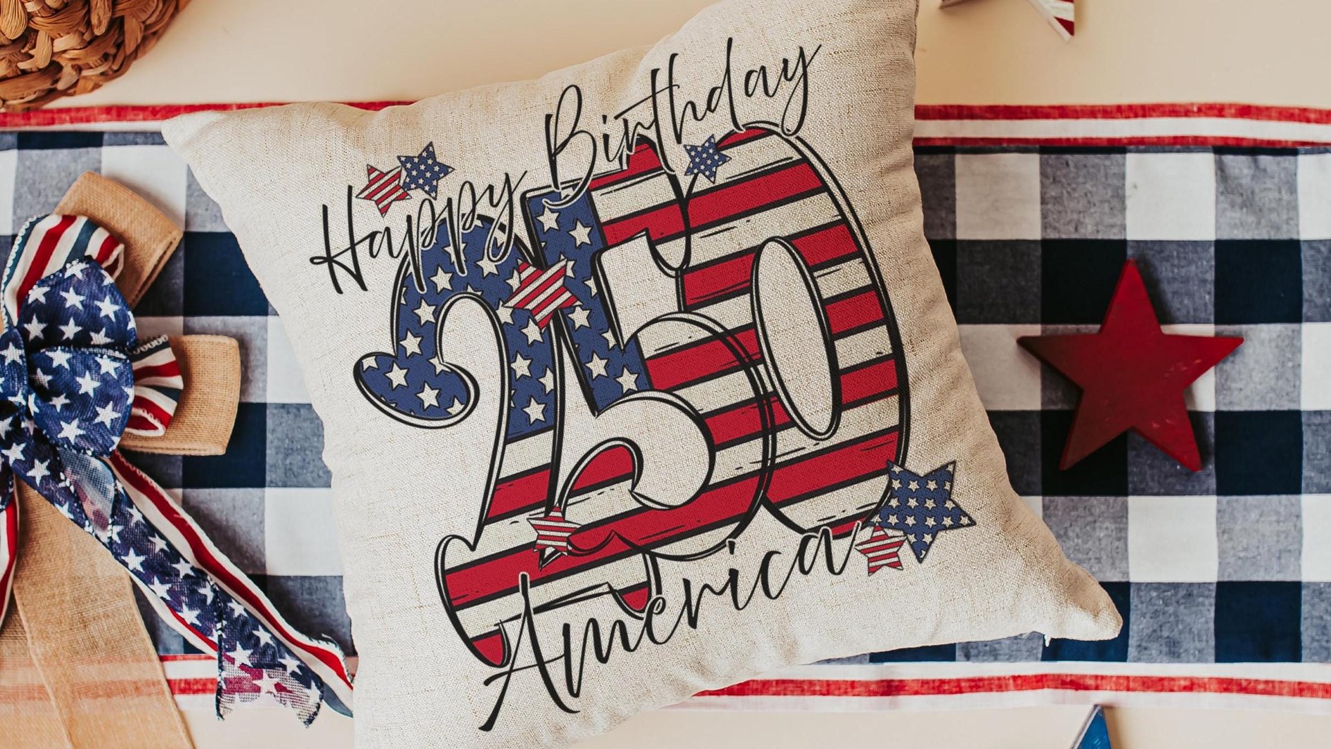Happy birthday America 250 Years flag decorative pillows for couch, 4th of July red white and blue throw pillow home decor, patriotic gifts