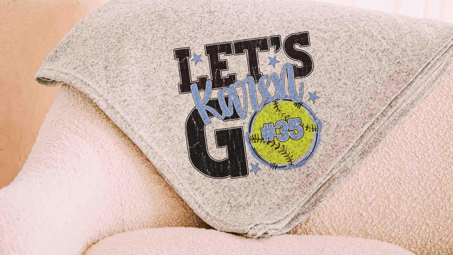 personalized team number softball blanket for girls, softball gifts for players, softball mom gifts, carolina blue school spirit dorm decor