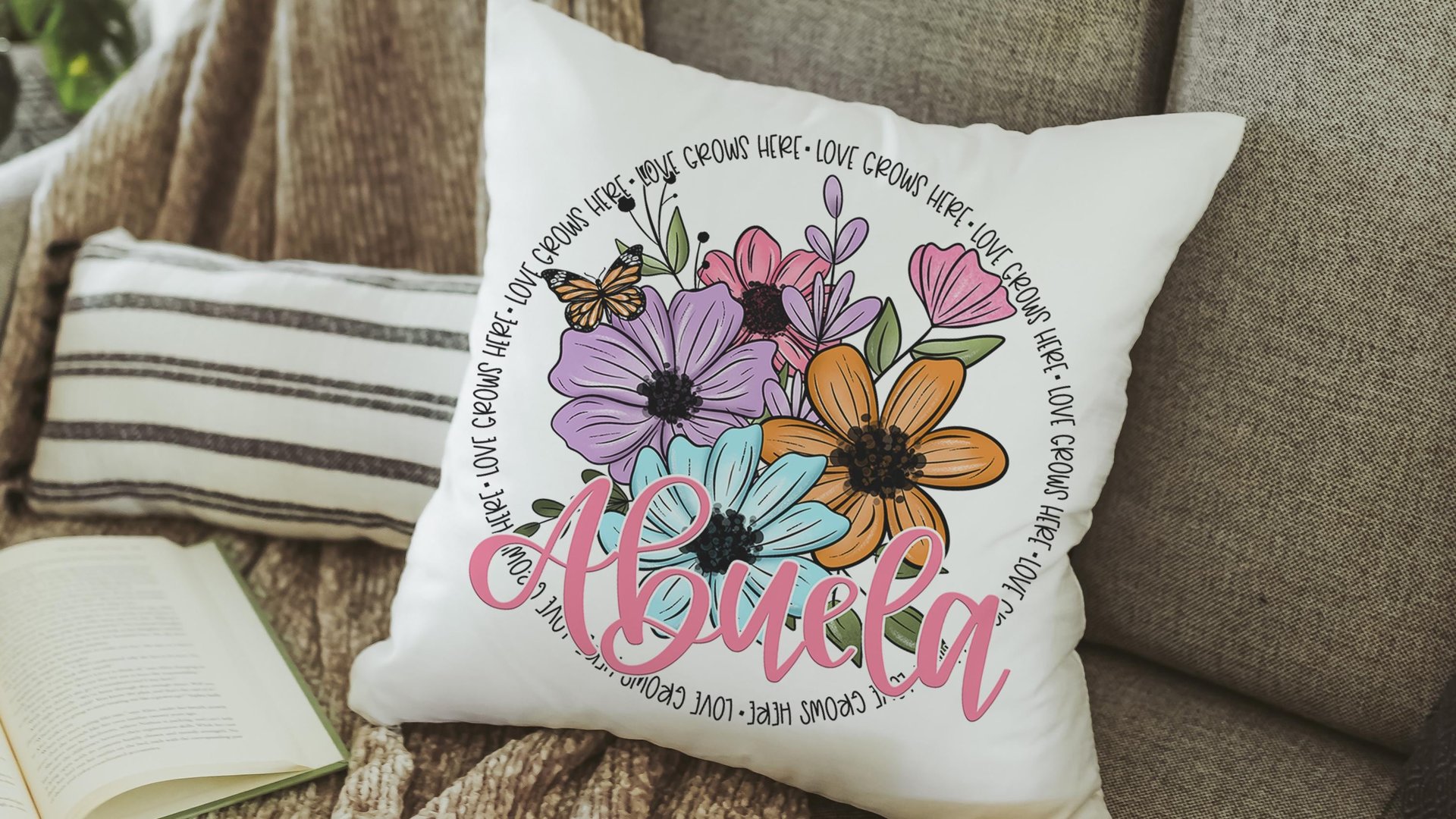 personalized love grows here Abuela pillow cover 18 x 18, Abuela gifts Mothers day gift from grandchildren, Abuela kitchen towels, floral