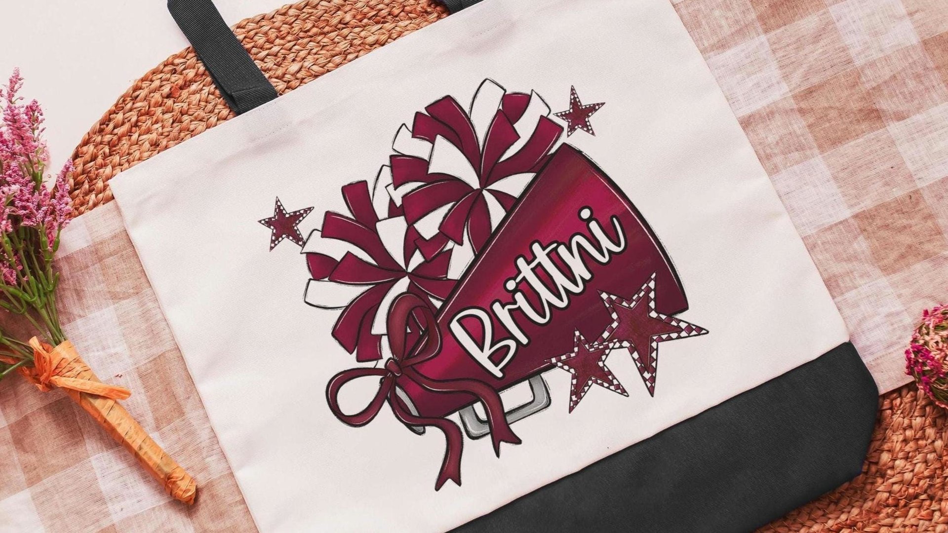 personalized cheer tote bag with name, maroon school pride cheer squad gifts, travel cheer bag for high school, cheerleader gifts from coach