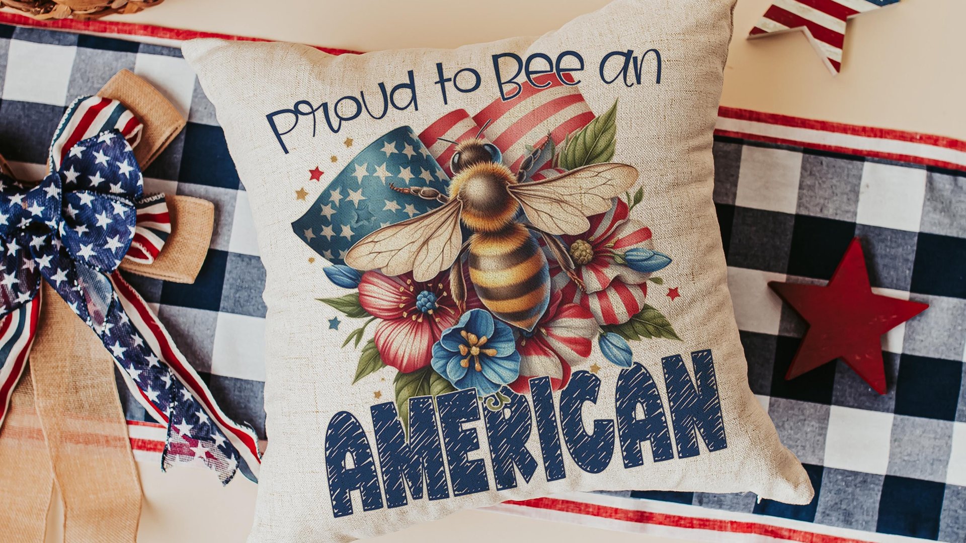 proud to be an American bumble bee throw pillows for living room, honey bee gifts for women, 4th of July accent pillows for couch, patriotic