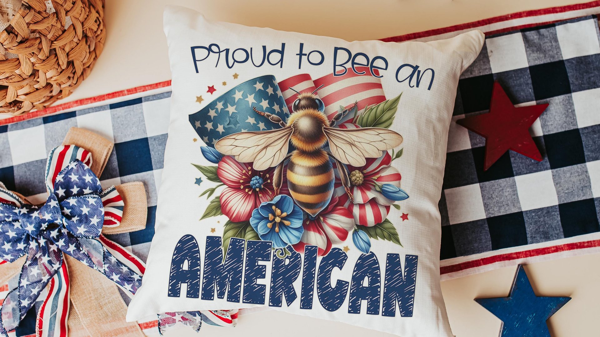 proud to be an American bumble bee throw pillows for living room, honey bee gifts for women, 4th of July accent pillows for couch, patriotic