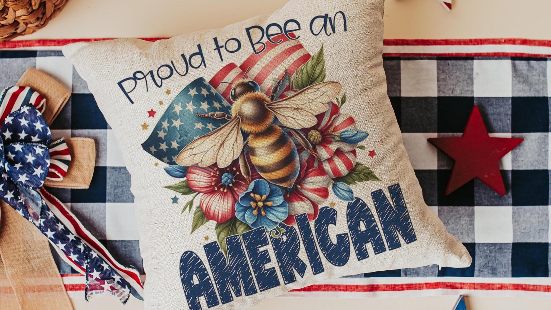 proud to be an American bumble bee throw pillows for living room, honey bee gifts for women, 4th of July accent pillows for couch, patriotic