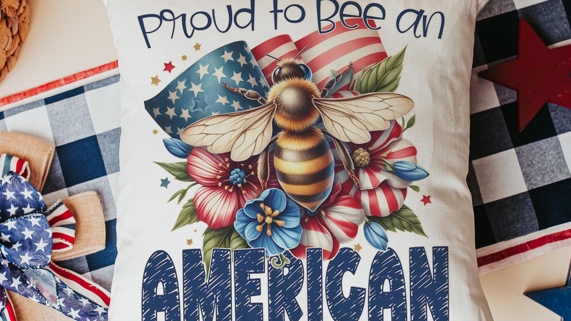 proud to be an American bumble bee throw pillows for living room, honey bee gifts for women, 4th of July accent pillows for couch, patriotic