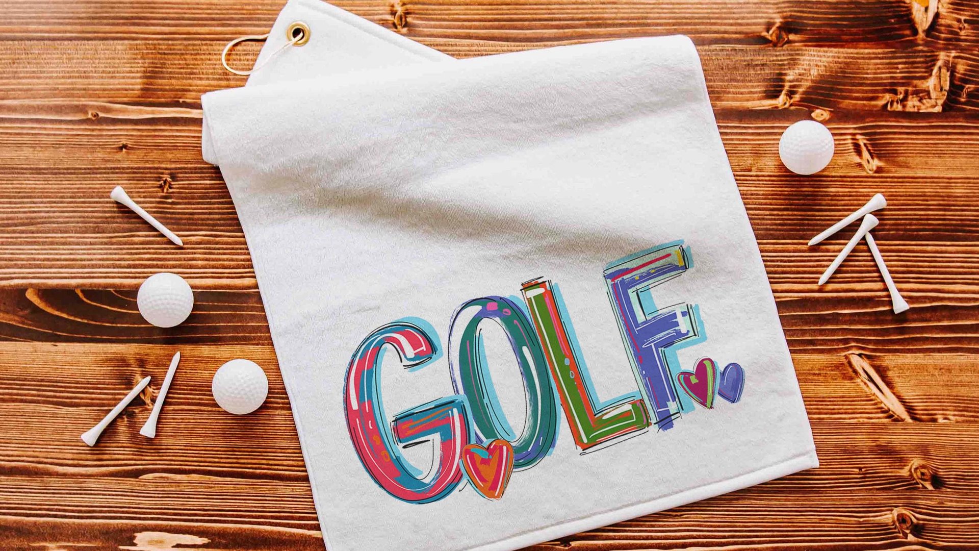 girly golf towel with grommet, colorful golf ball towel, cheery words cute golf bag accessories, lady golf gifts for her, golfer gifts for