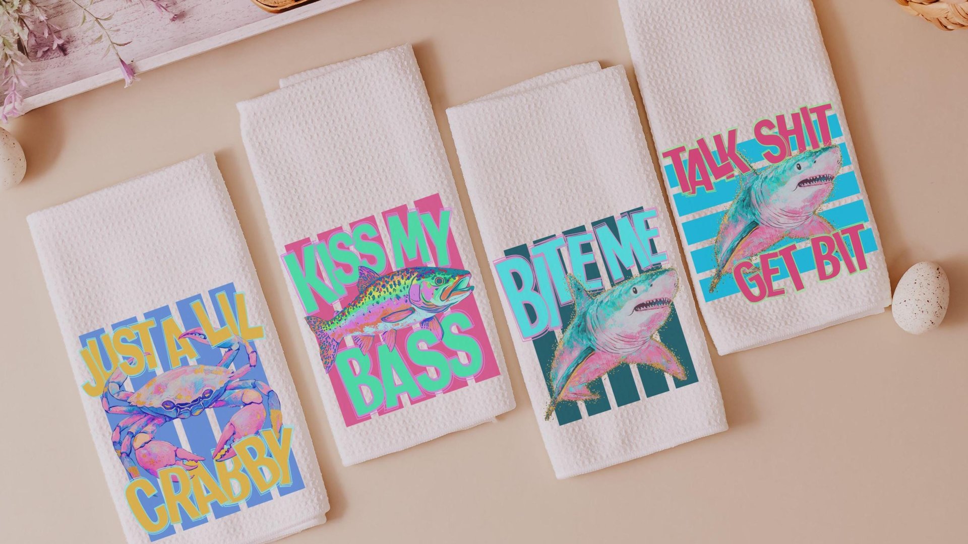 bite me funny kitchen towels for summer, beach house kitchen decor, shark bathroom decor, Chatham Cape Cod gifts, great white shark gifts