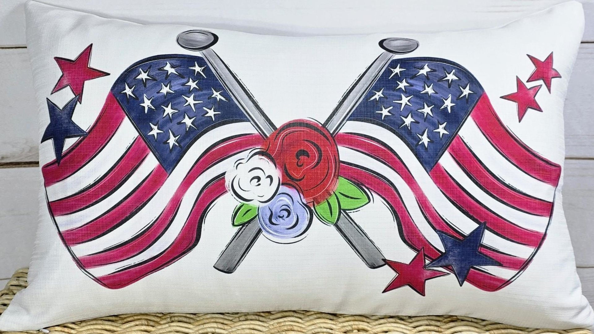 American flag lumbar throw pillows for porch, Americana decor with red floral 4th of July home decor, patriotic gifts for women, military