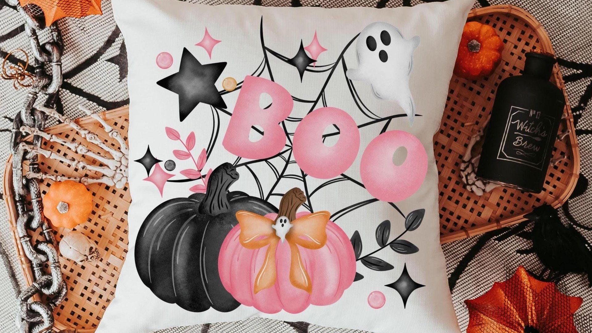 coquette Halloween throw pillow covers 18 x 18, boo basket stuffers for adults, cute Halloween gifts for women pink pumpkin pillow for couch
