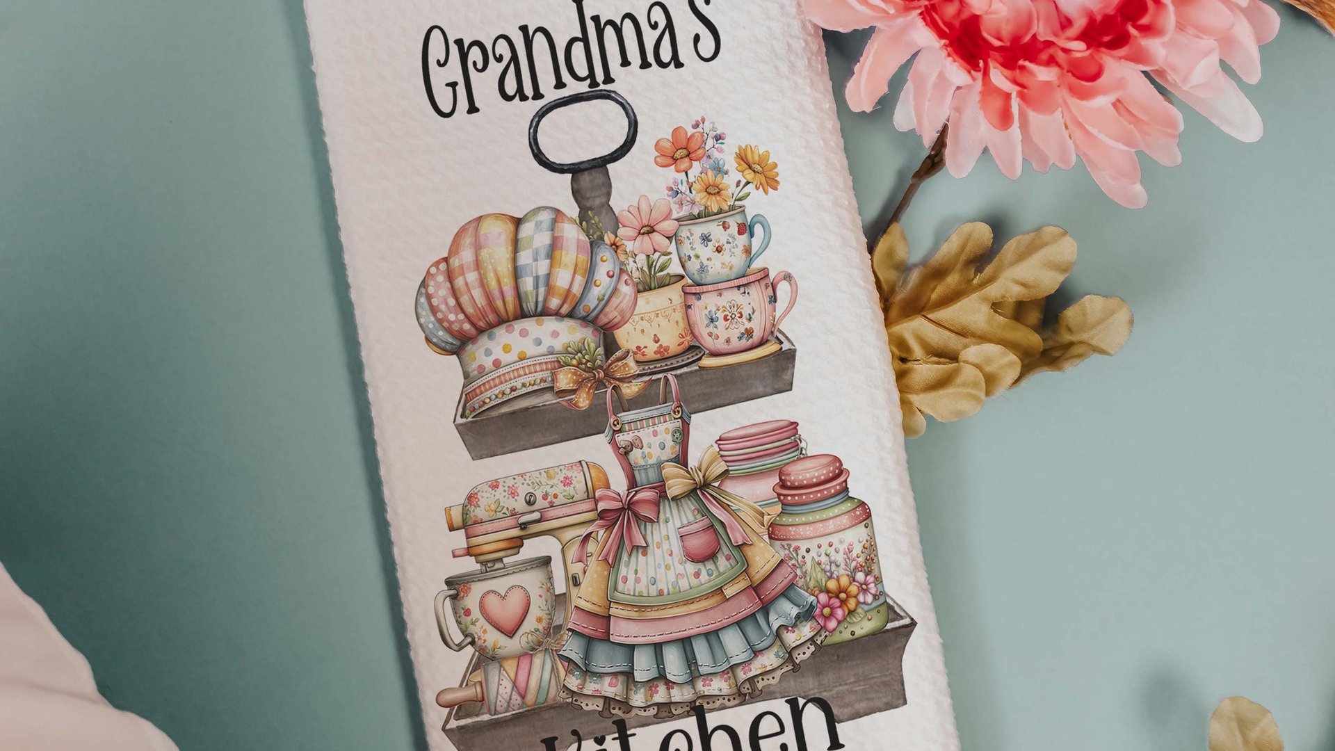 Grandma's kitchen, kitchen towel for grandma, vintage inspired kitchen decor, baker gifts for her, cooking with love kitchen hand towel for