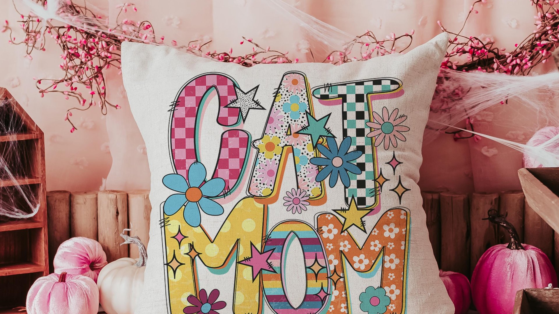 Rainbow cat throw pillows for couch for cat lovers Mothers day gift for cat mom, cat mama gifts, bright checkered cat kitchen towel for Mom