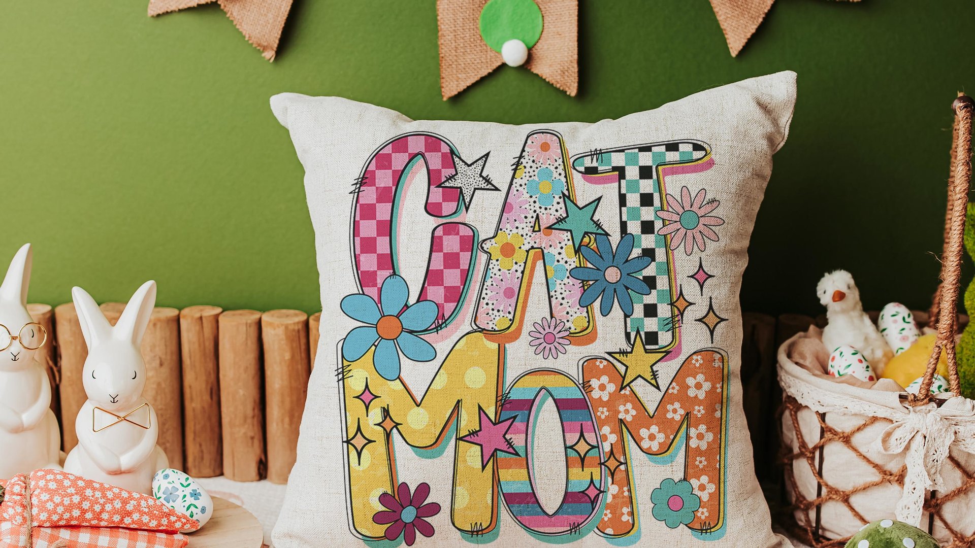 Rainbow cat throw pillows for couch for cat lovers Mothers day gift for cat mom, cat mama gifts, bright checkered cat kitchen towel for Mom