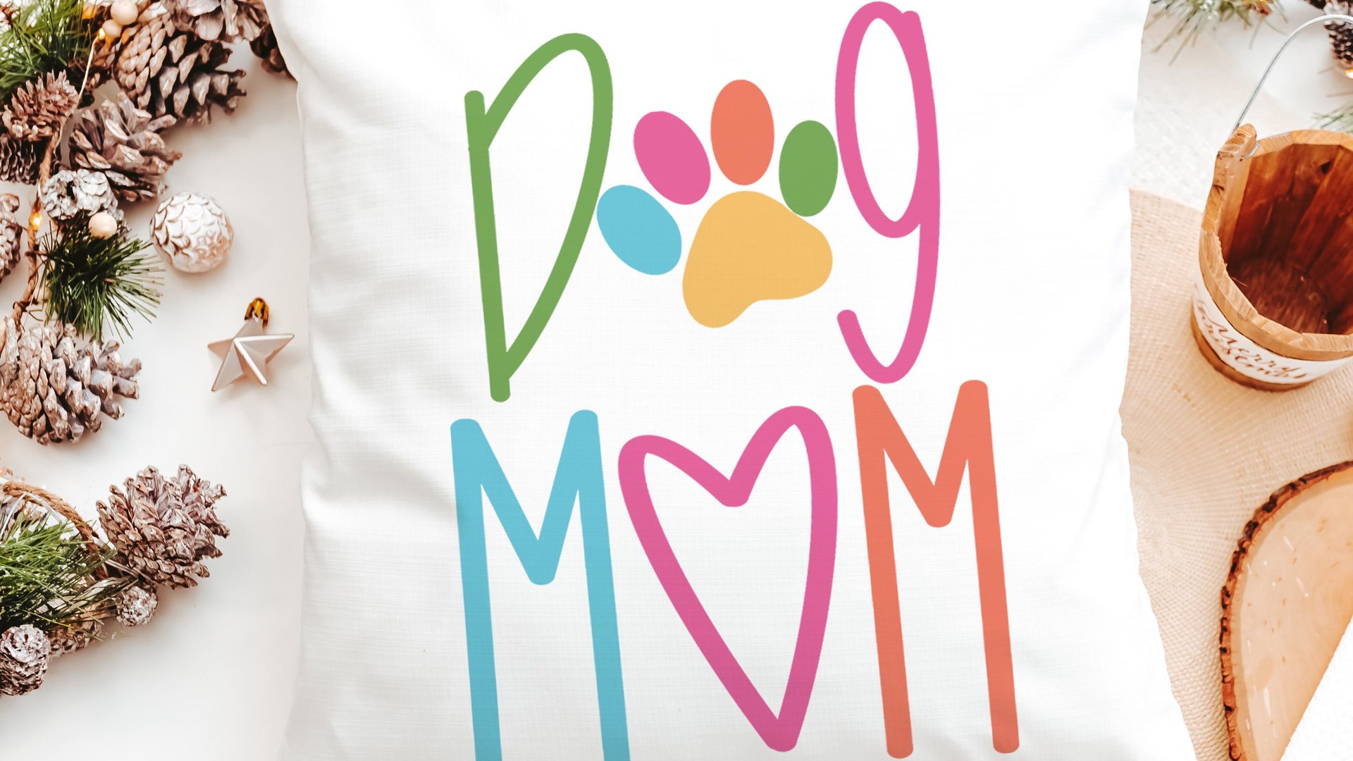 Dog mom throw pillow for chair, cute Mothers day gift for dog and dog lovers, dog lover throw pillow 18x18, colorful dog decor for kitchen