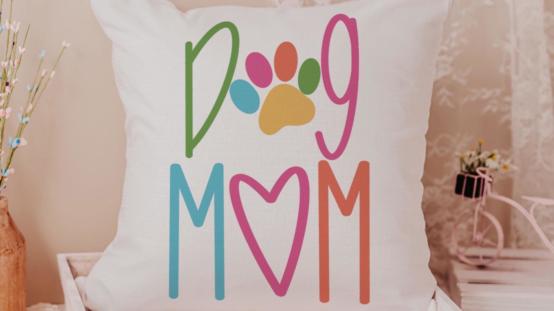 Dog mom throw pillow for chair, cute Mothers day gift for dog and dog lovers, dog lover throw pillow 18x18, colorful dog decor for kitchen