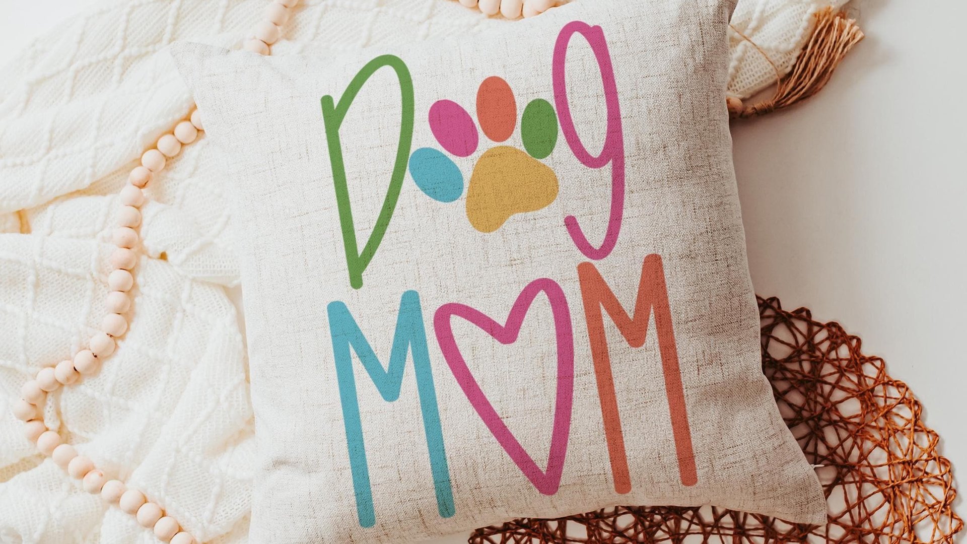 Dog mom throw pillow for chair, cute Mothers day gift for dog and dog lovers, dog lover throw pillow 18x18, colorful dog decor for kitchen