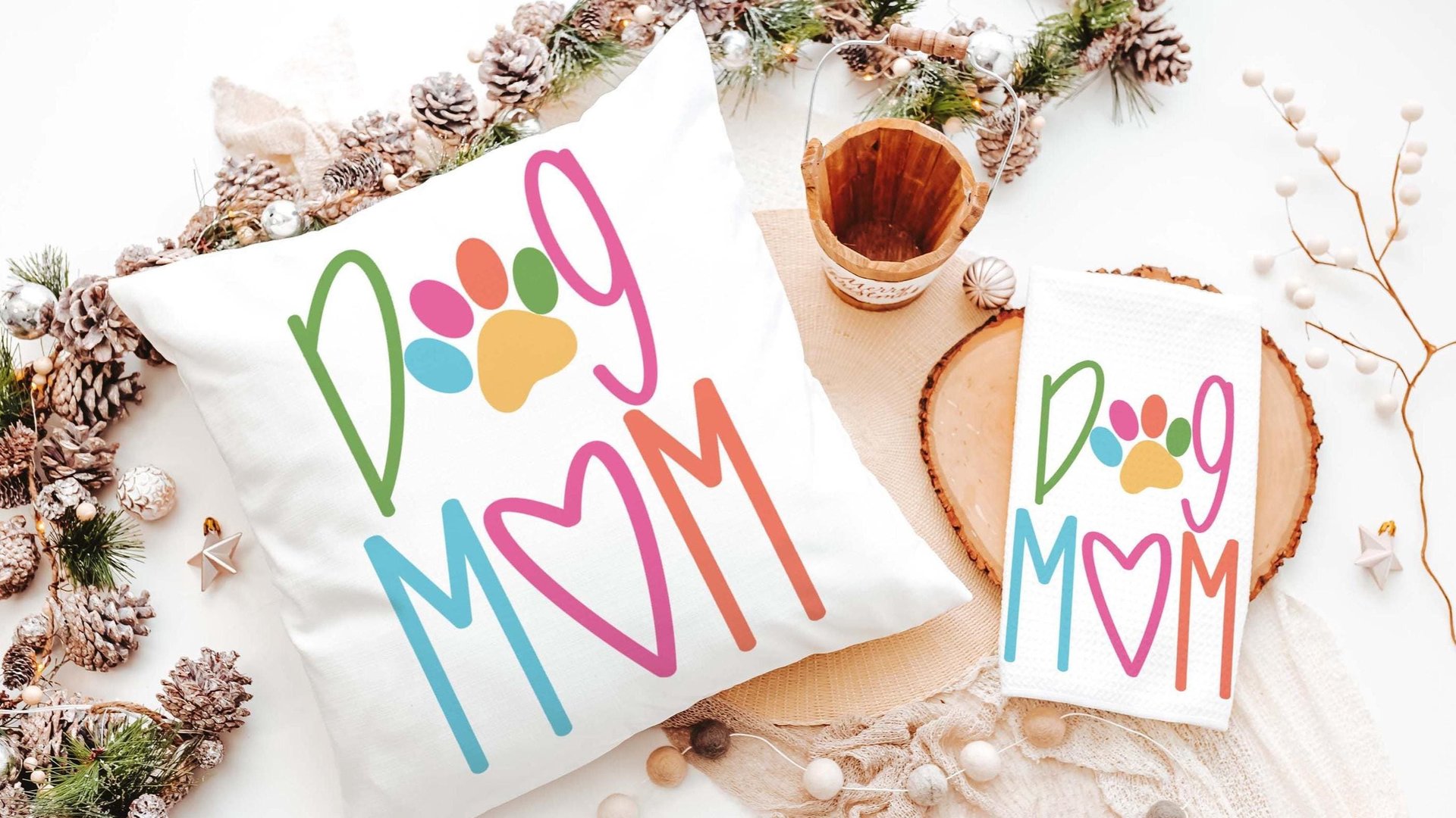 Dog mom throw pillow for chair, cute Mothers day gift for dog and dog lovers, dog lover throw pillow 18x18, colorful dog decor for kitchen