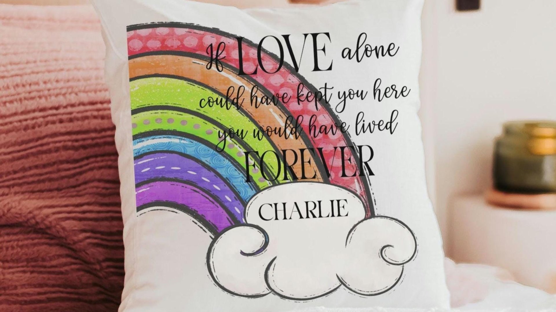 personalized dog rainbow bridge throw pillow for couch, remembrance pillow for sofa, grieving dog loss sympathy gift for women, loss of dog