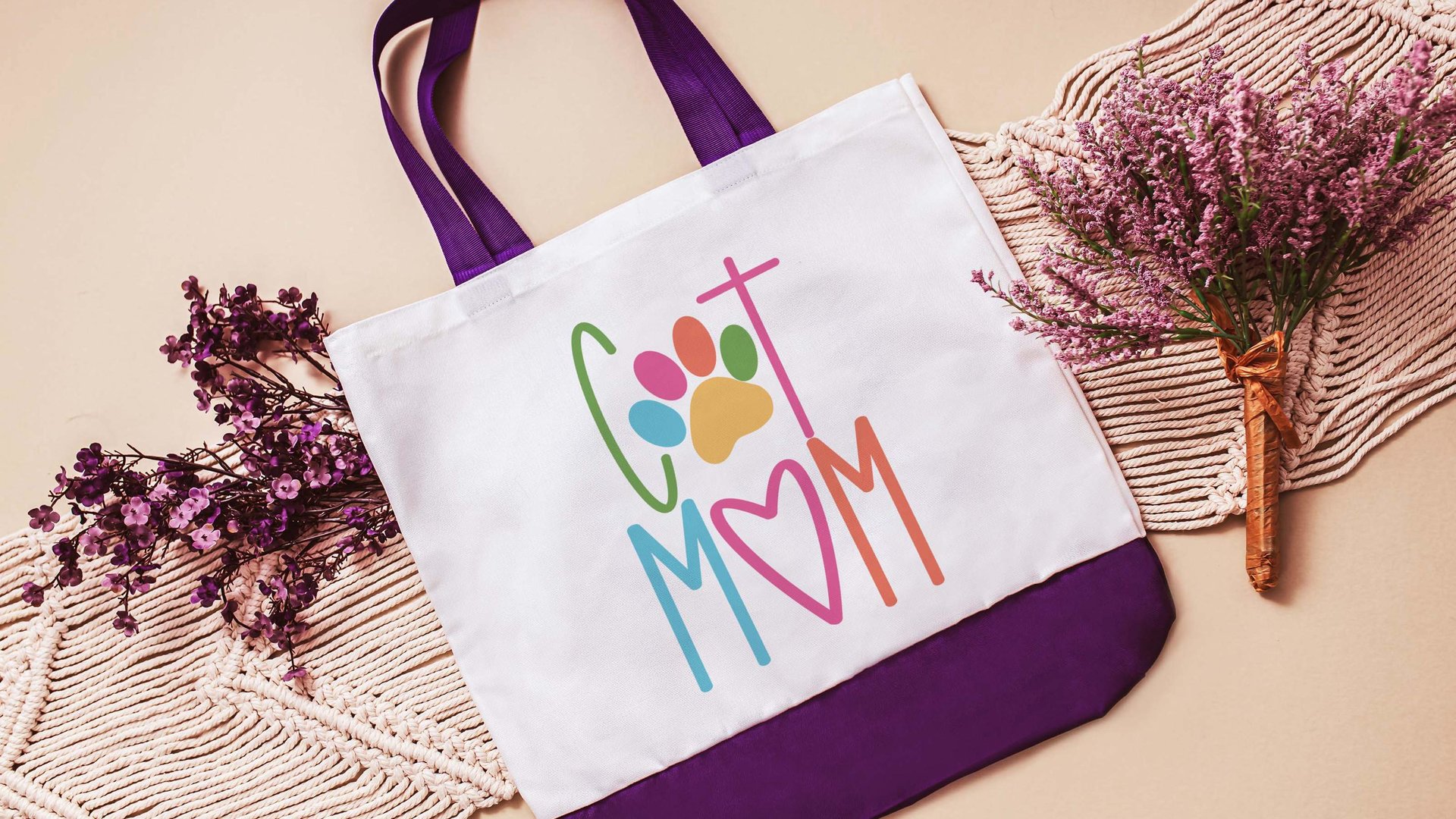 cat mom tote for her, cute cat gifts for women, colorful cat paw print tote bag for cat lover, popular now cat mama gifts, cat beach bag