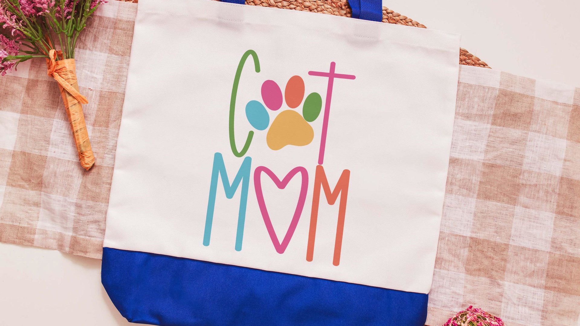 cat mom tote for her, cute cat gifts for women, colorful cat paw print tote bag for cat lover, popular now cat mama gifts, cat beach bag