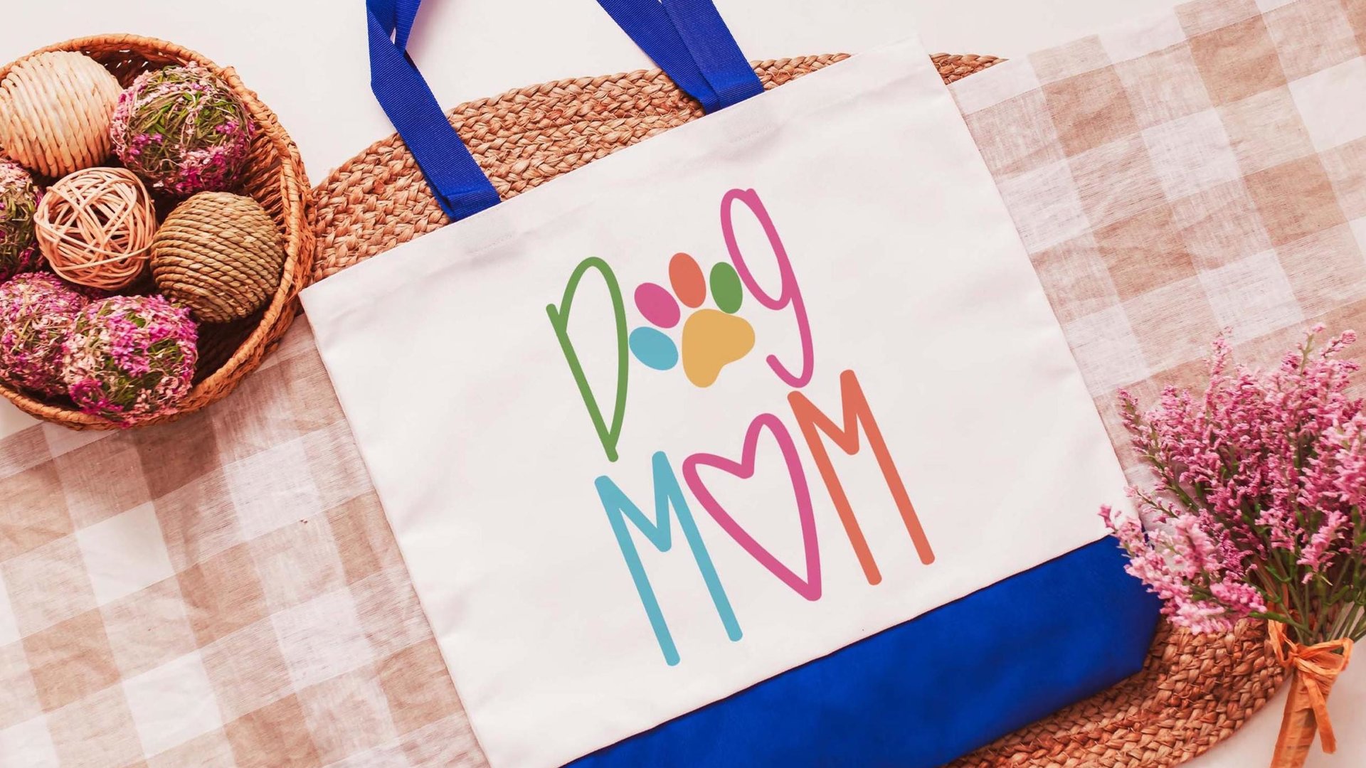 cat mom tote for her, cute cat gifts for women, colorful cat paw print tote bag for cat lover, popular now cat mama gifts, cat beach bag