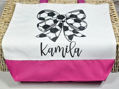 CapableByDesign Personalized coquette soccer bow tote bag