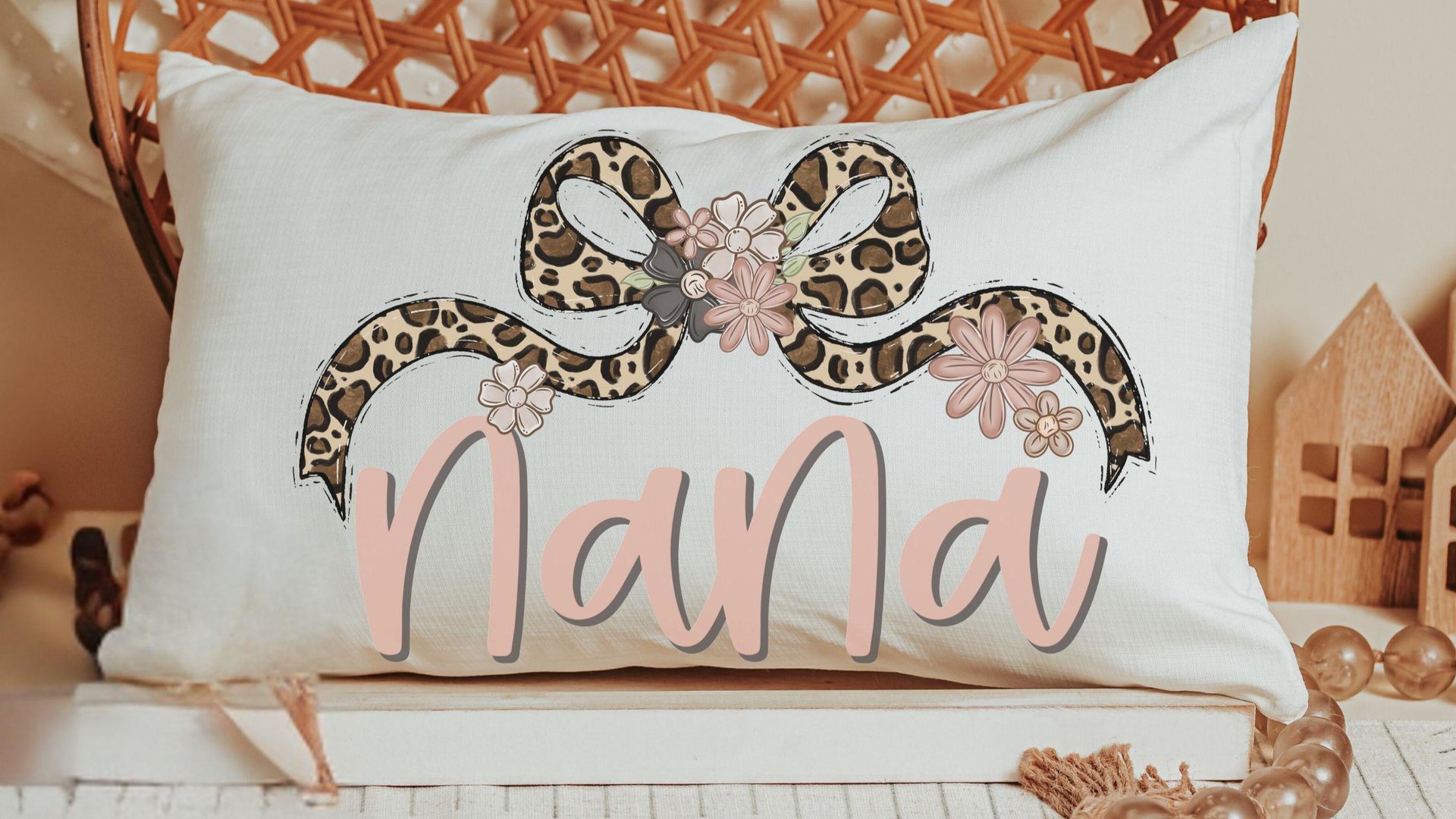 personalized blush pink nana throw pillow for bed, leopard print bow coquette pillow cover 12 by 20, mother in law mothers day gifts