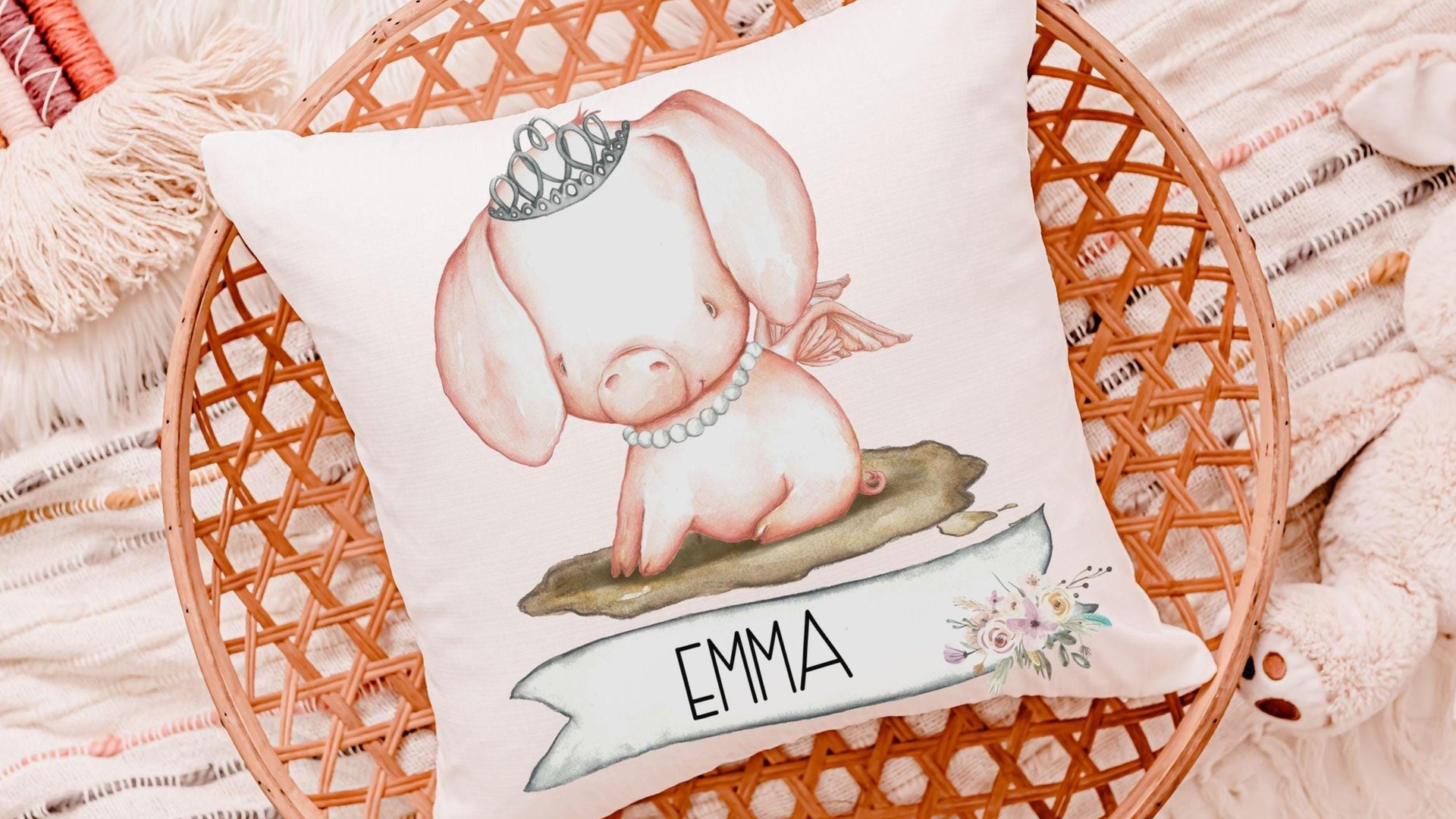 pig princess throw pillows personalized reading nook pillow covers 18 x 18, farm nursery decor girl, cute pig gifts for little girls, name