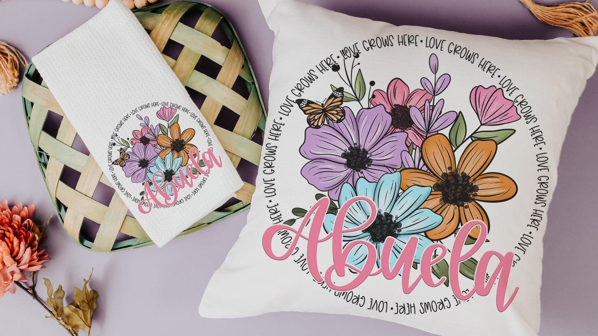 personalized love grows here Abuela pillow cover 18 x 18, Abuela gifts Mothers day gift from grandchildren, Abuela kitchen towels, floral