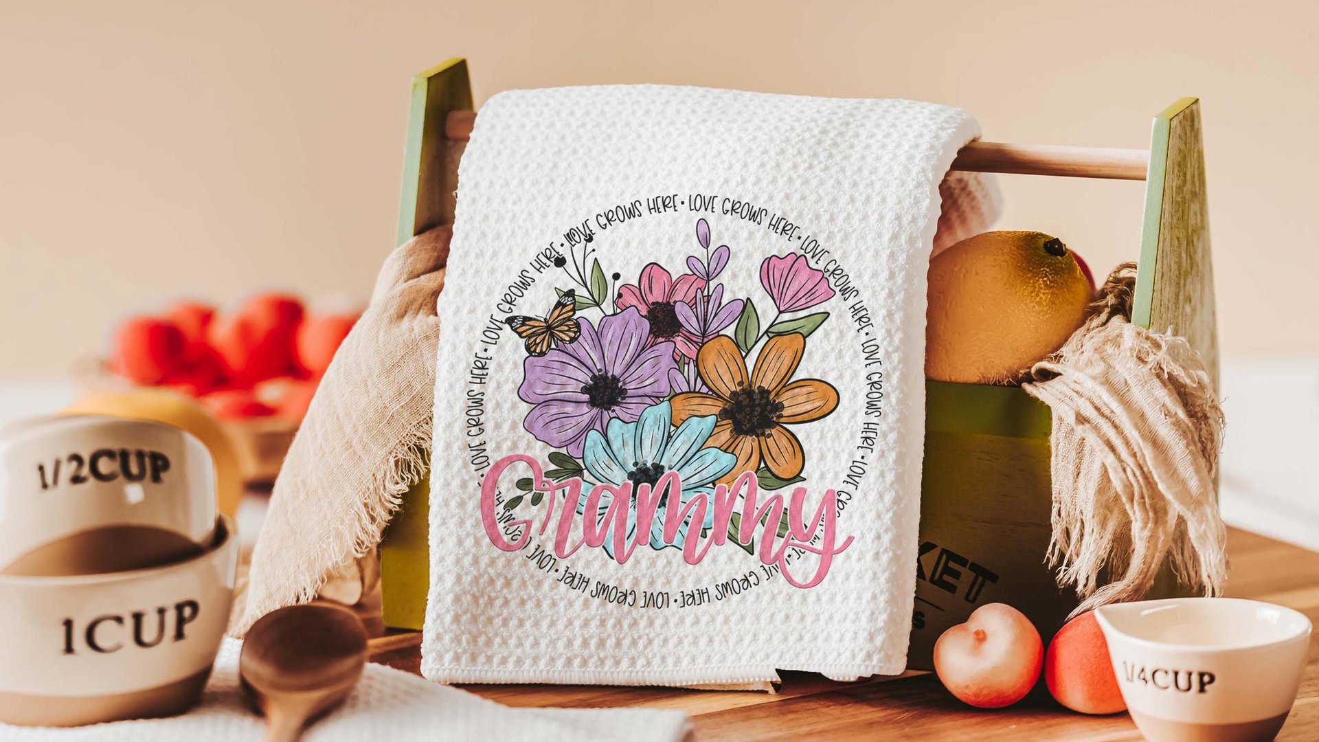 personalized love grows here Grammy throw pillow for sectional, Grammy gifts Mothers day gifts from grandchildren, Grammy kitchen towels