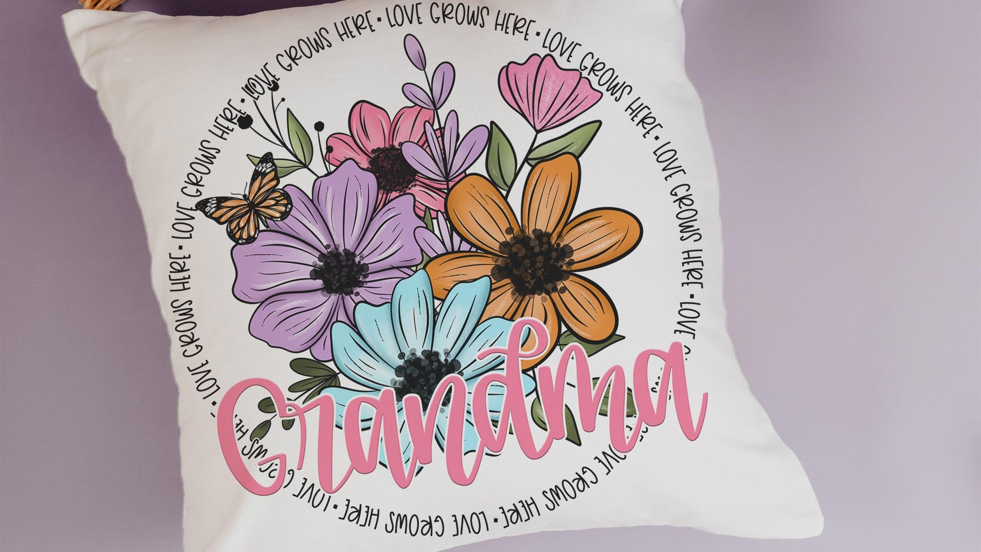 personalized love grows here throw pillows for bedroom, first time Grandma gifts Mothers day gift from grandchildren, floral kitchen towels
